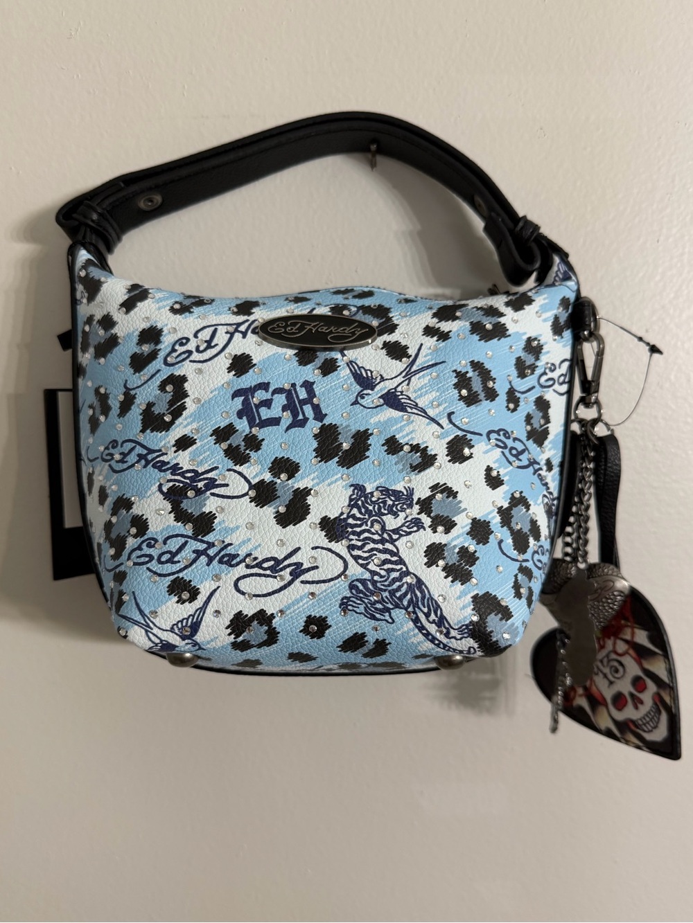 Ed Hardy Blue Leopard Print Mini Hobo Bag